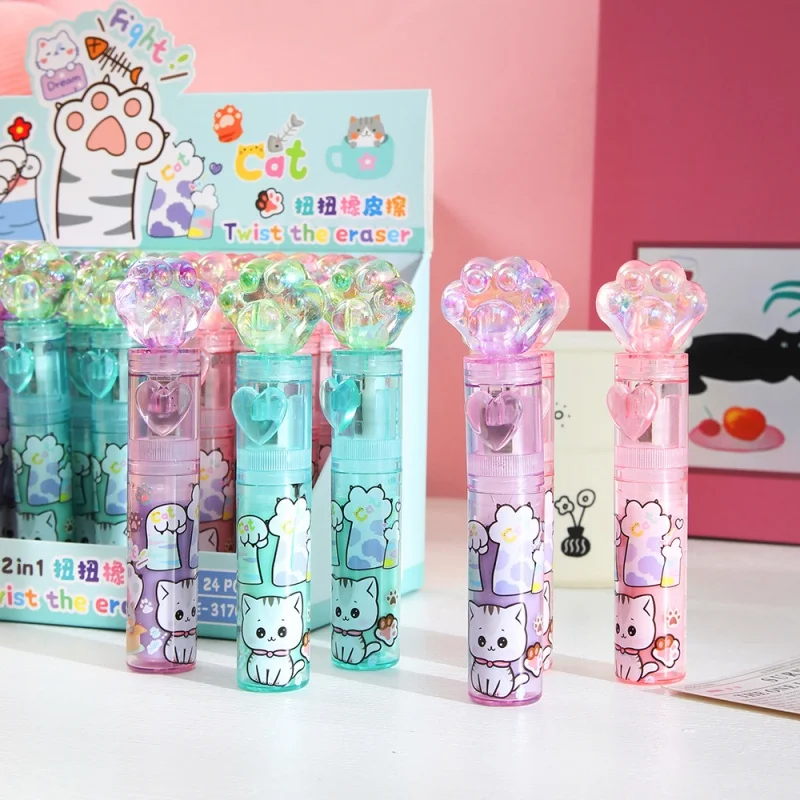 24pcs/lot Kawaii Cat Paw Lipstick Shape Eraser Cute Writing Drawing Pencil Erasers Stationery Gifts School Supplies