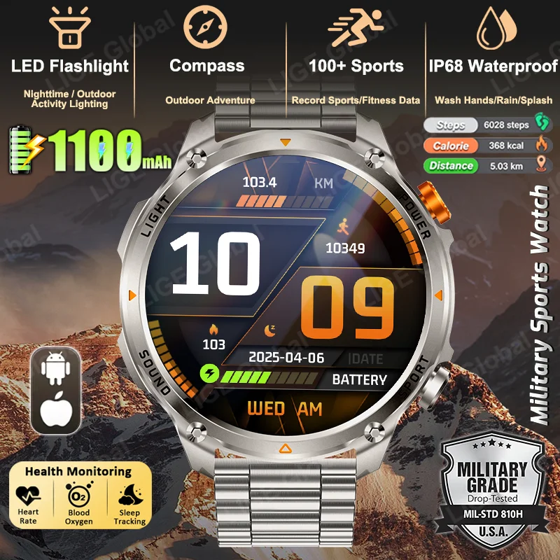LIGE 2026 Hiking Smartwatch 1100mAh Battery LED Light Compass IP68 1.7