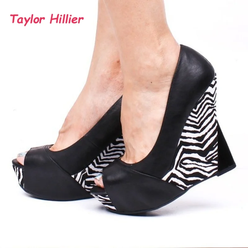 

Peep Toe Zebra Print Platform Wedge Pumps Ladies Summer Breathable High Heels Outdoor Shoes New Arrival Party Fashion Slip-On