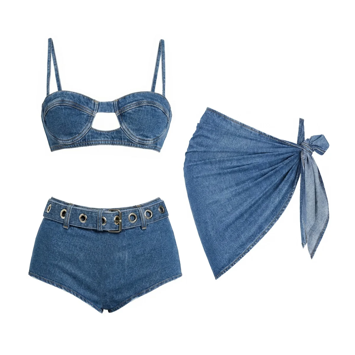 Conjunto de Bikini de 3 Piezas con Estampado Vaquero 2026, Traje de Baño Sexy para Mujer con Tirantes de Cuero, Biquini Bandeau, Traje de Baño Push-Up para Mujer, Ropa de Playa