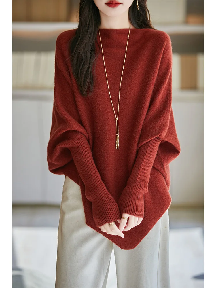 Autumn Winter Women Wool Shawl Slash Neck Sweater Batwing Sleeve Grace Loose Triangle Cashmere Pullover 100% Merino Wool Knitted