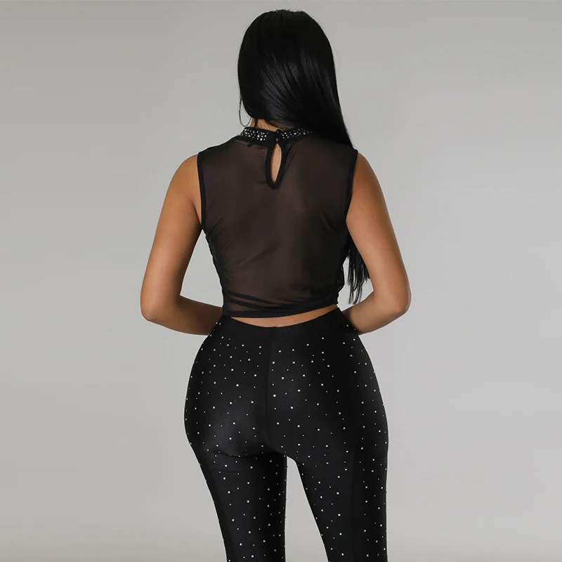 Ladies' sexy perspective mesh pants set with sleeveless diamond studded explosive nightclub women's two-piece set