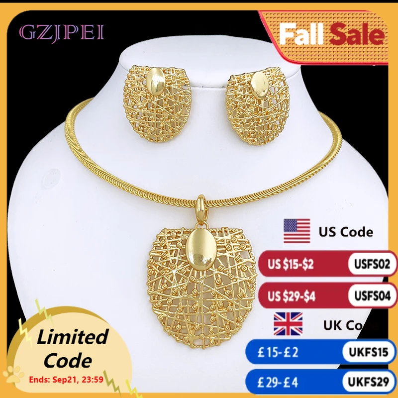 

Gold Color Necklace Earrings Set For Women Unique Choker Pendant Earrings 3Pcs Set Jewelry Quality Accessories Free Shipping