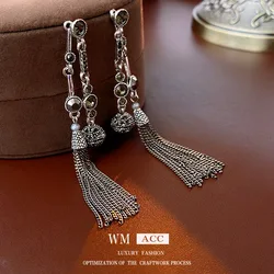 Silver needle round ball tassel long earrings niche versatile earrings temperament light luxury high-end earrings for women