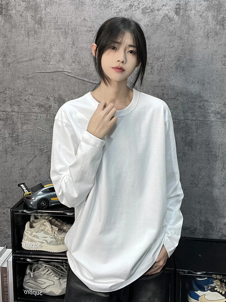 American Style Long Sleeve Cotton T-Shirt Men's Spring Autumn Heavyweight Basic Layering Sweatshirt White Inner Shirt Base Layer