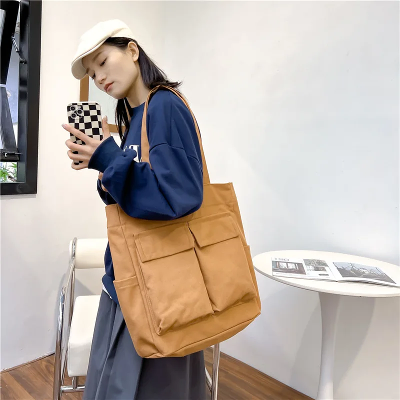 

Большая вместительная холщовая сумка через плечо для женщин, модная сумка с двумя отделениями, повседневная японская сумка для студентов, сумка для книг