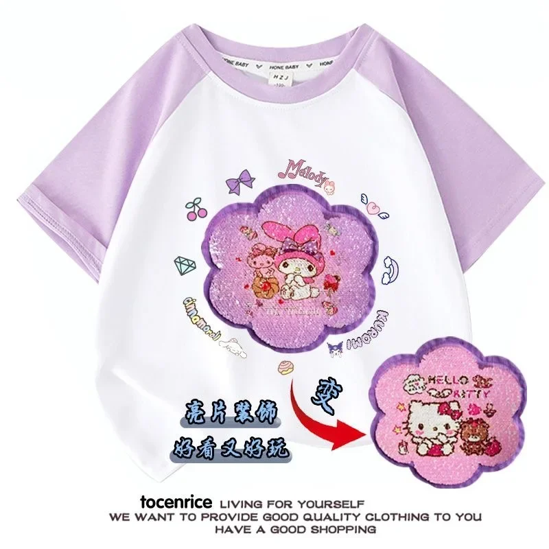 

New Kuromi Children Short Sleeve T-Shirt Sanrioed Kawaii Anime Sequin Color Change My Melody Clothes Summer Sweet Tops Kid Gift