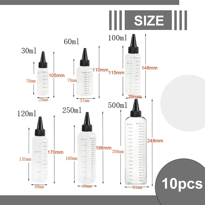 Garrafas plásticas transparentes com medição graduada, boca pontiaguda, tampa superior, garrafas distribuidoras, artesanato, 30-500ml, 10 peças