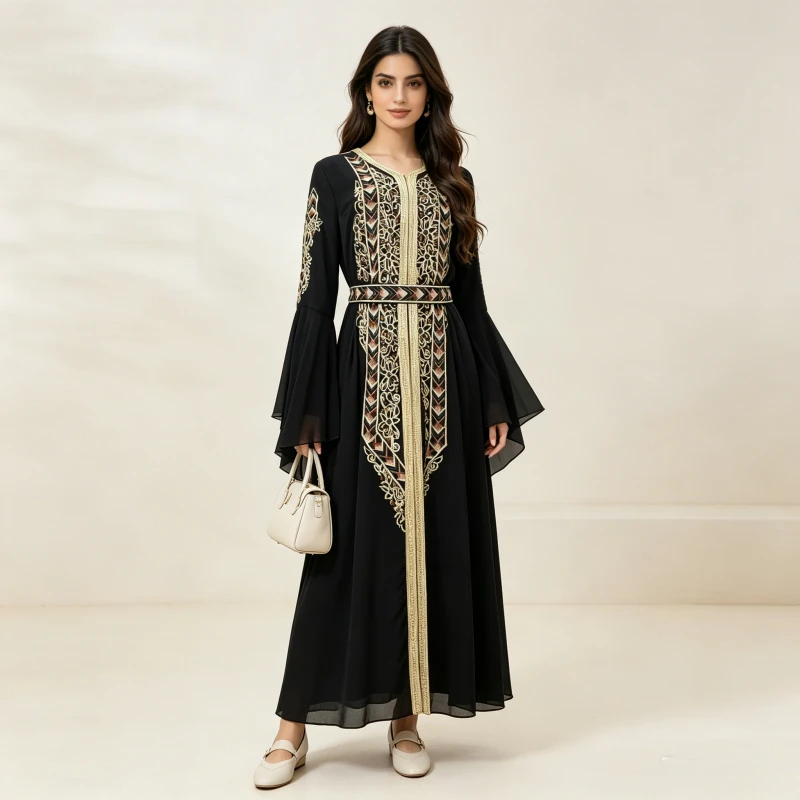 Eid Dress Women Abaya Party Dresses Jalabiya Embroidery Sashes Muslim Long Robe Ramadan Morocco Arab Dubai Kaftan Vestidos