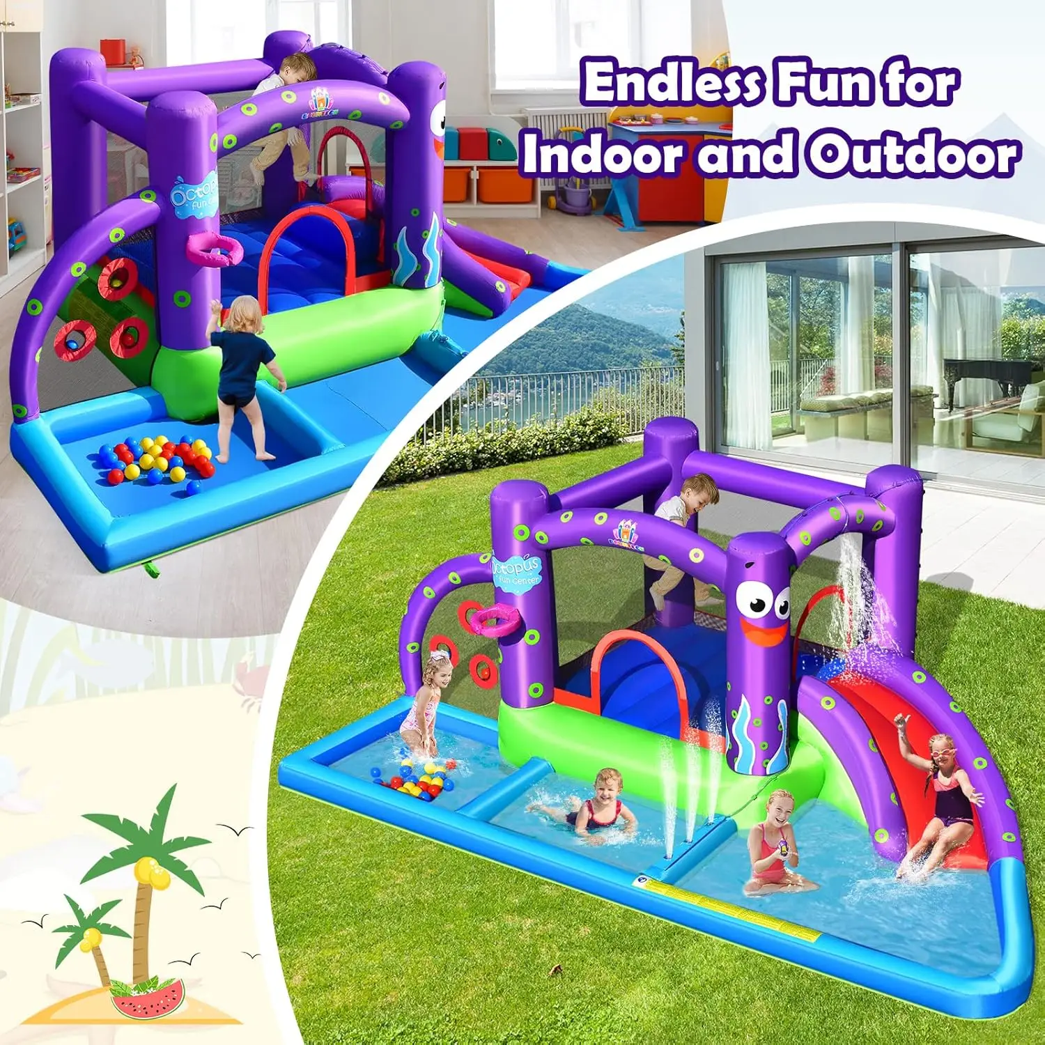 Nadmuchiwana zjeżdżalnia wodna, 6 w 1 gigantyczny dom w parku wodnym na podwórko na świeżym powietrzu, basen i zjeżdżalnię, ośmiornice wysadzają wodę Sl