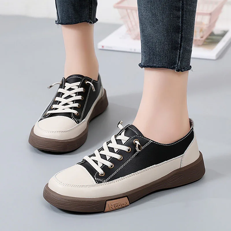 Spring Autumn Women's Shoes Elastic Bands Slip on Casual Shoes Breathable Leather Flat Sneakers Female Platform Skateboard Shoes