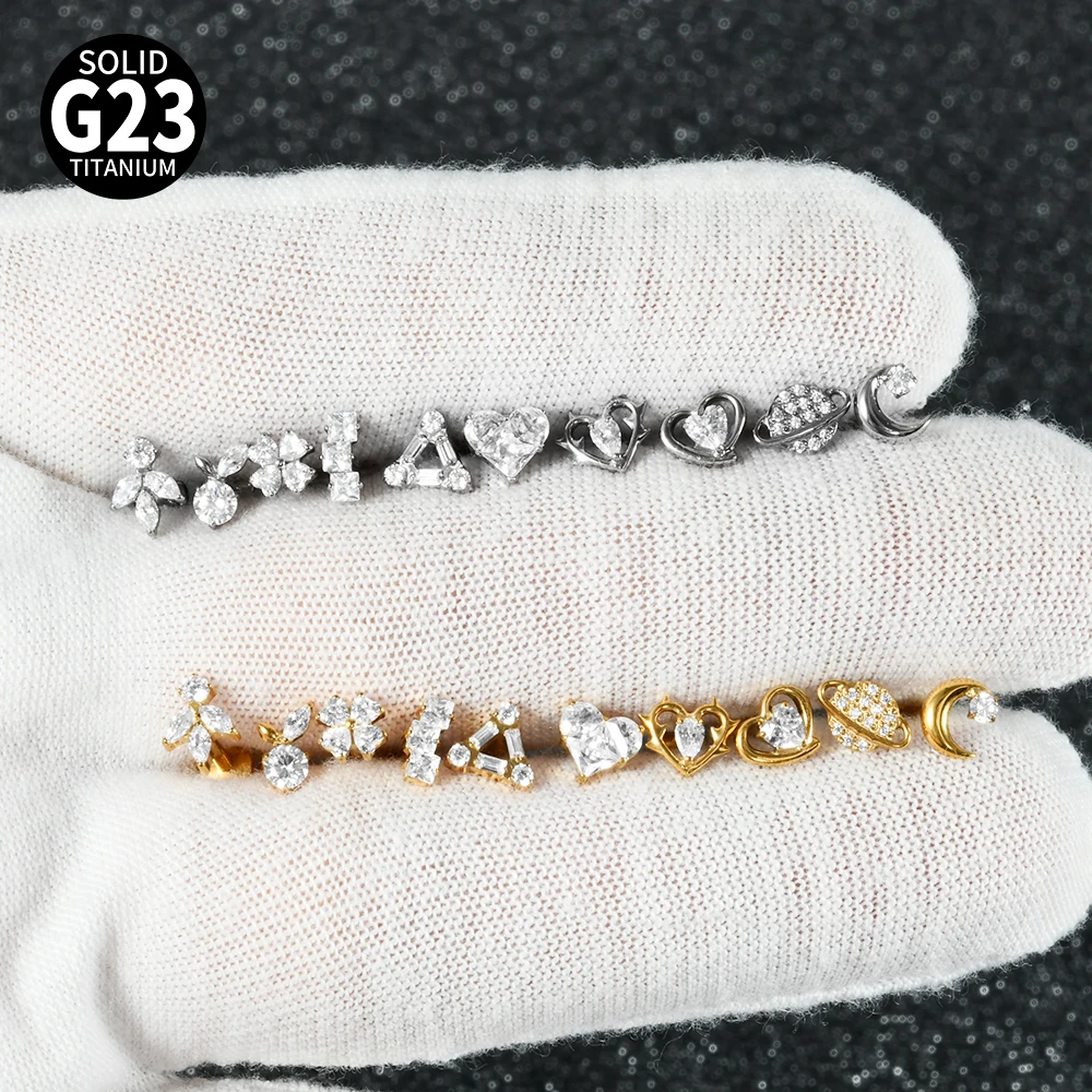 G23 Titanium Moon CZ Internal Thread Labret Piercing Earring