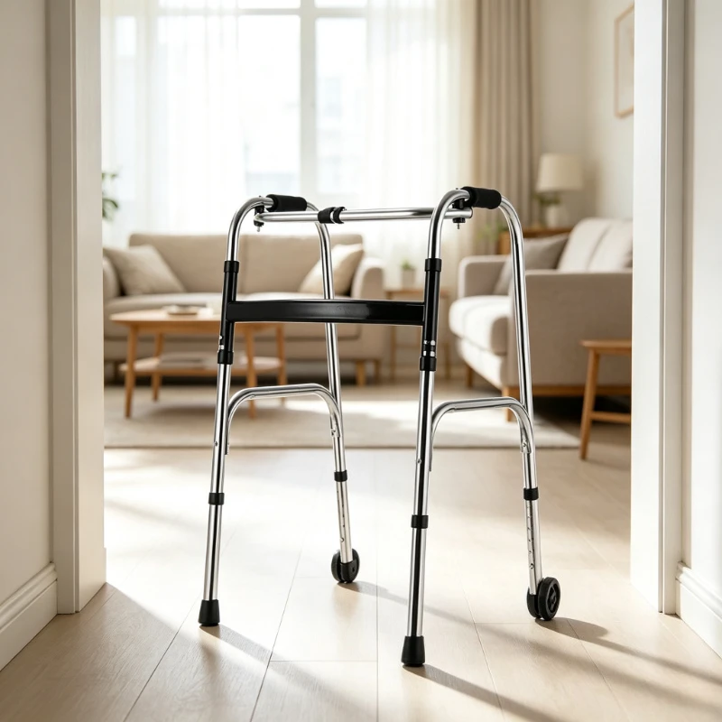 Elderly Walker Stainless Steel, Foldable Rehab Rollator with Seat, Adjustable Height & Non-Slip, Push & Sit Training Aid Home