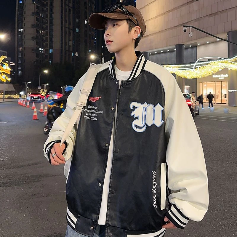 

Men Vintage Baseball Jacket Embroidered PU Leather Coat Waterproof Windproof Motorcycle Outerwear Utility Streetwear Fall Winter