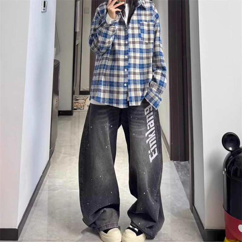 

2025 New Letter Printed Straight Wide-Leg Jeans For Men Y2K Vintage Distressed Baggy Denim Pantalones Hip Hop Fashion Jean