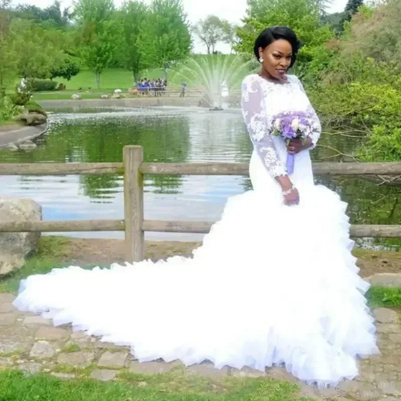 Customized Lace Ruffles African Mermaid Wedding Dresses Sheer Long Sleeve Tiers Plus Size Fitted Bridal Gown Train Bride Dress