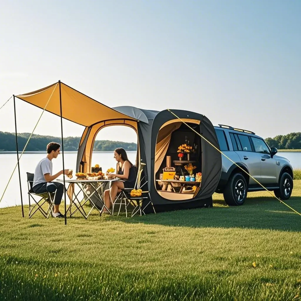 Family-Ready 4-Person Car Tent: Waterproof Pop-Up Tailgate Tent for SUV & Trailer | Adjustable Canopy & Easy Storage Solution