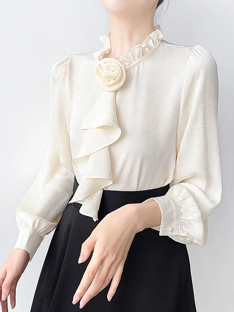 

Ele Korean Sle Long Sve Satin irt Women's Stand Collar Rose Flower Lace Profional Commute Blouse