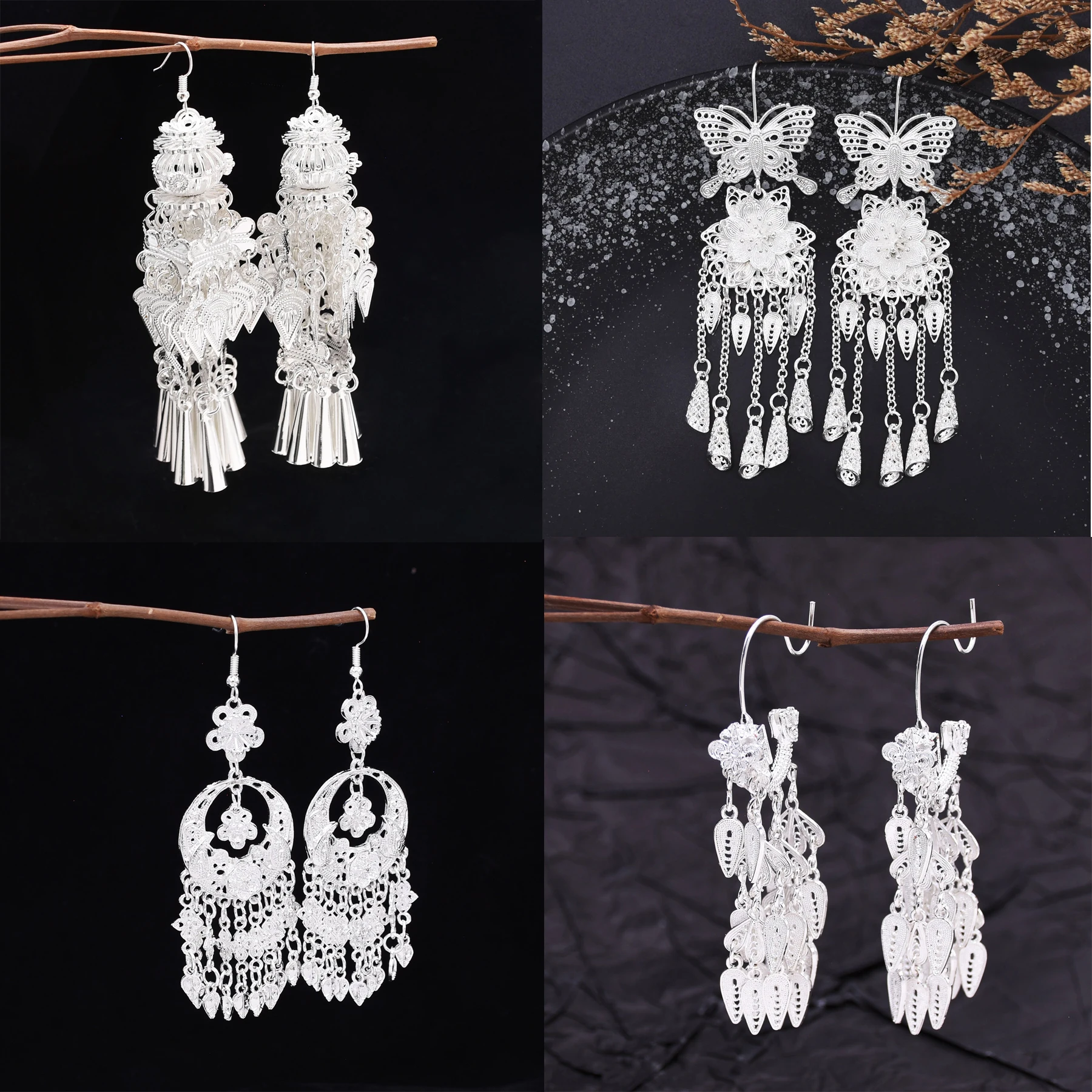 Vintage Traditional Miao Silver Color Long Pendant Earrings for Women Ethnic Bridal Wedding Costume Statement Earrings Jewelry