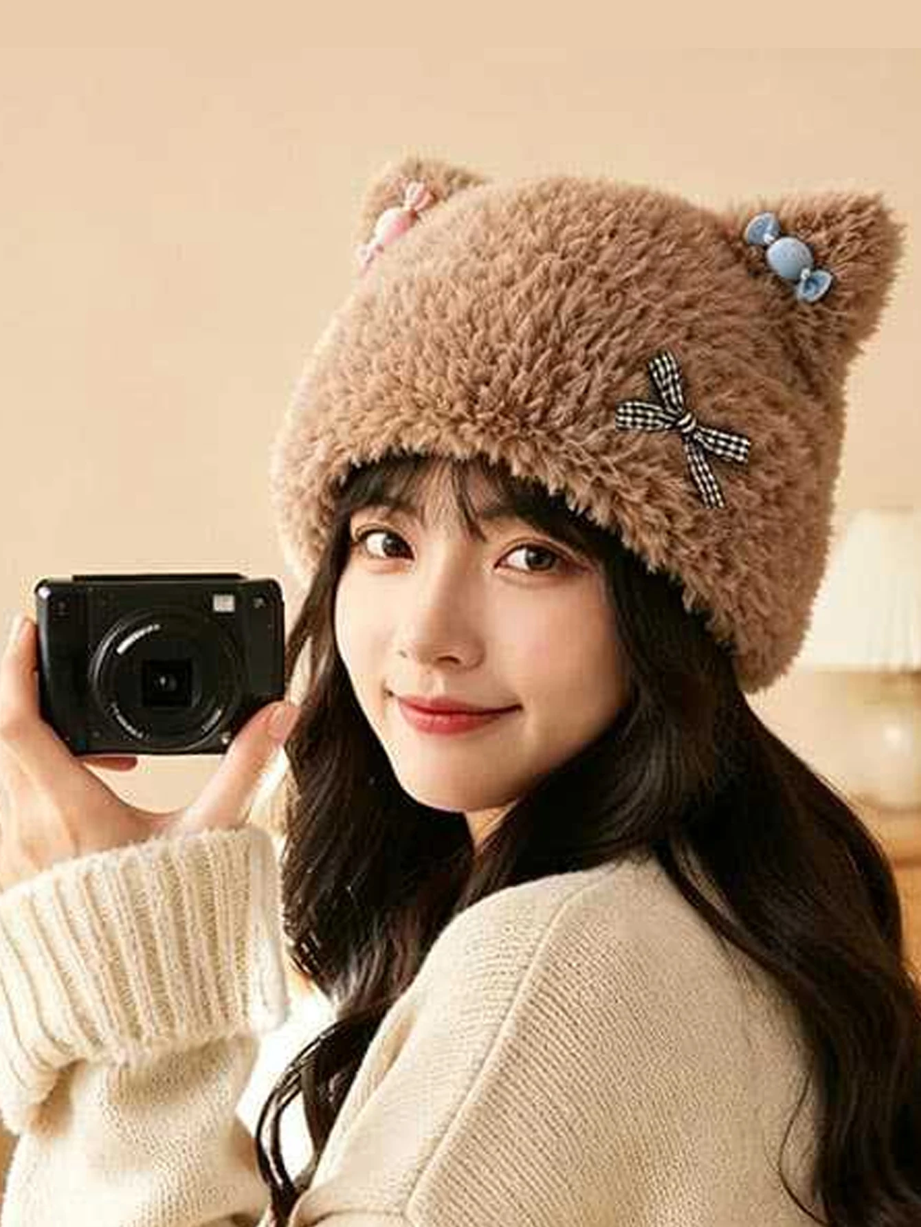 Face revealing kitten ear hat new cute plush hat versatile head cap autumn and winter warm hat for