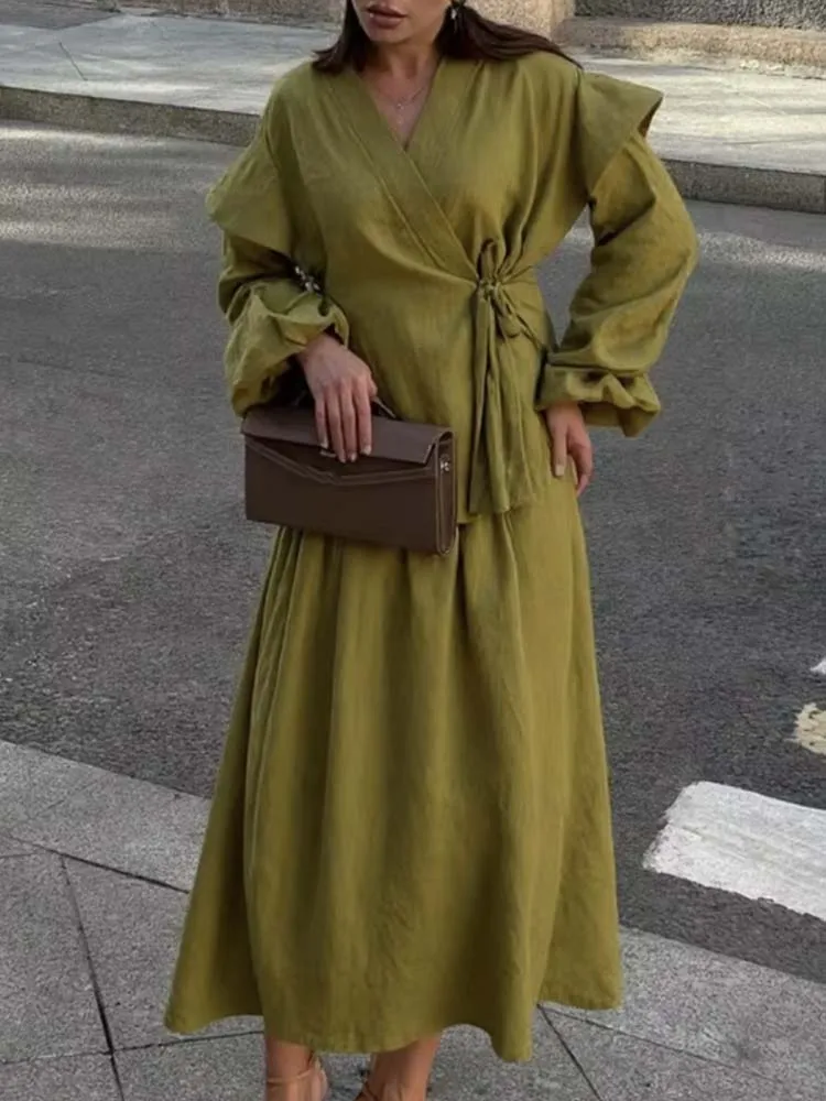 

Женский сексуальный топ с v-образным вырезом и длинными рукавами и полуюбка, комплект из 2 предметов, винтажный комплект на шнуровке для поездок на работу, свободный праздничный костюм с рюшами