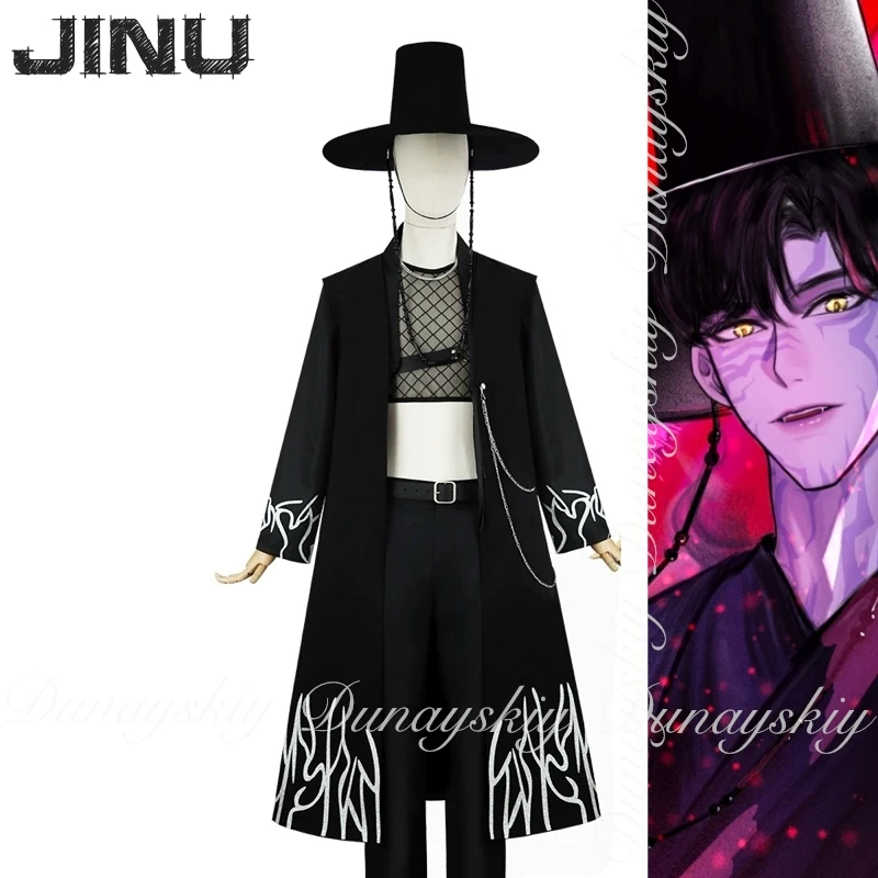 KPop Demon Hunters film Jinu Cosplay un membre de Saja garçons avec Robe et perruque et chapeau en couleur noire Costume de Cosplay Costume complet