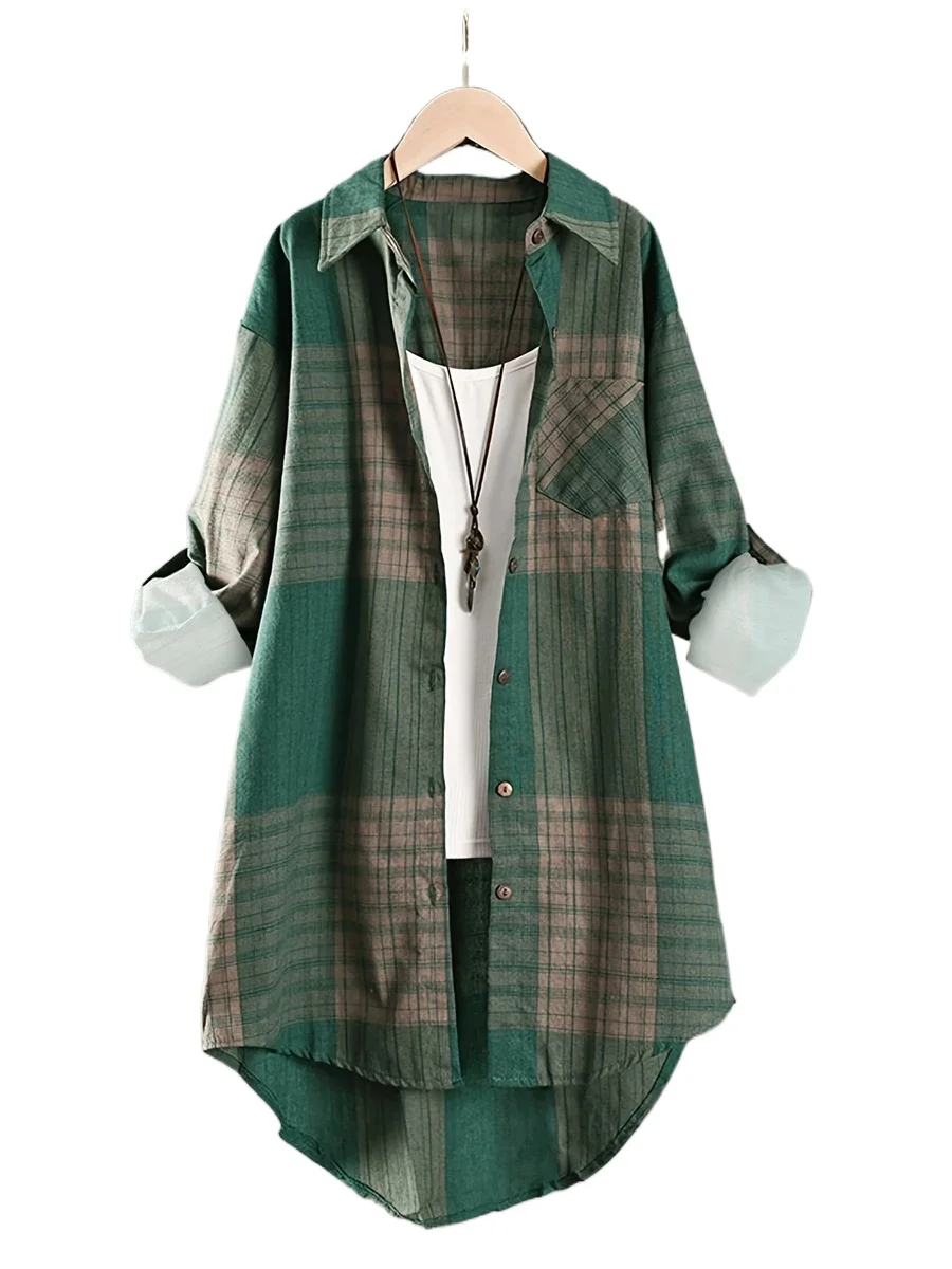 Plus Size Women Plaid Shirt Asymmetric Length Turn-Down Collar Single Breasted Button Up Loose Vintage Checkered Outerwear
