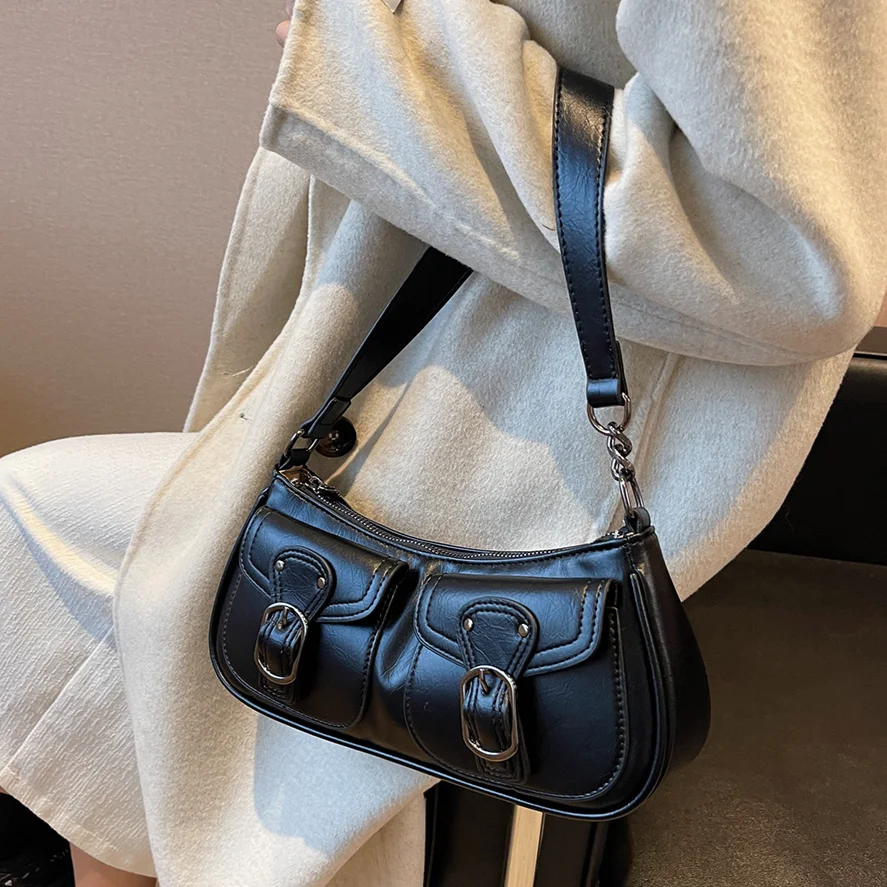 Luxury Brands Retro Tote Handbag French Trend Shoulder Bag PU Leather Motorcycle Armpit Purses Double Pockets Girls Underarm Bag