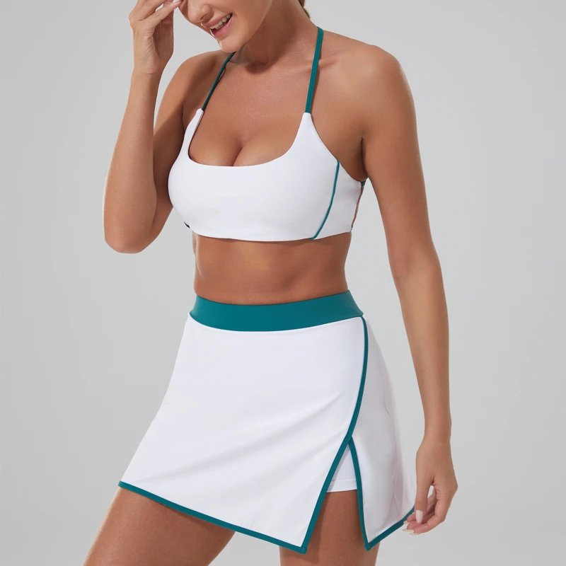 

Tennis Skirt 2 Piece Set Badminton Bra Top Skort Golf Outfit Women Summer Yoga Workout Clothes Pink Black White Active Wear