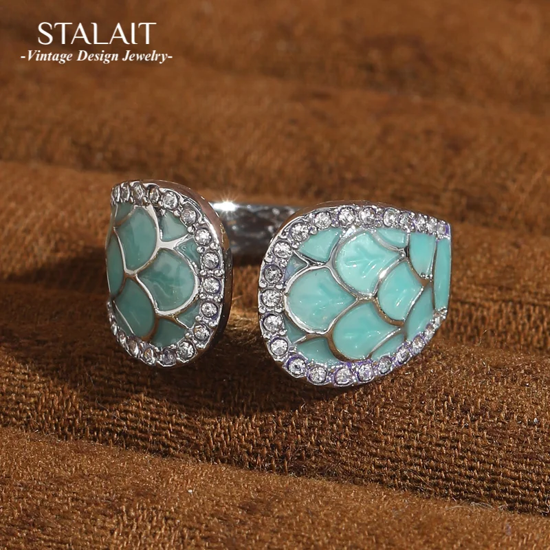 

Vintage Blue Enamel Rings Snake Skin For Woman Silver Color Open Finger Valentine Day Luxury Designer Jewelry Accessories New