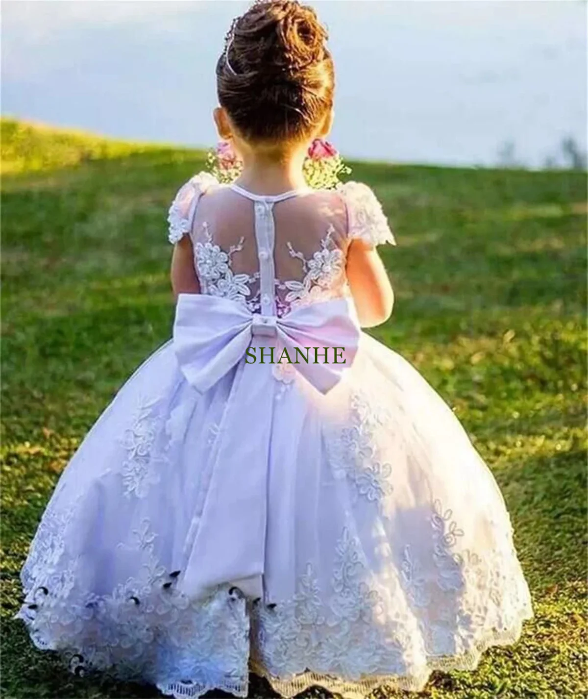 CustomizedElegant White Flower Girl For Wedding Dresses 2023 Lace Appliques Sleeveless Princess Fluffy First Communion Party Gow