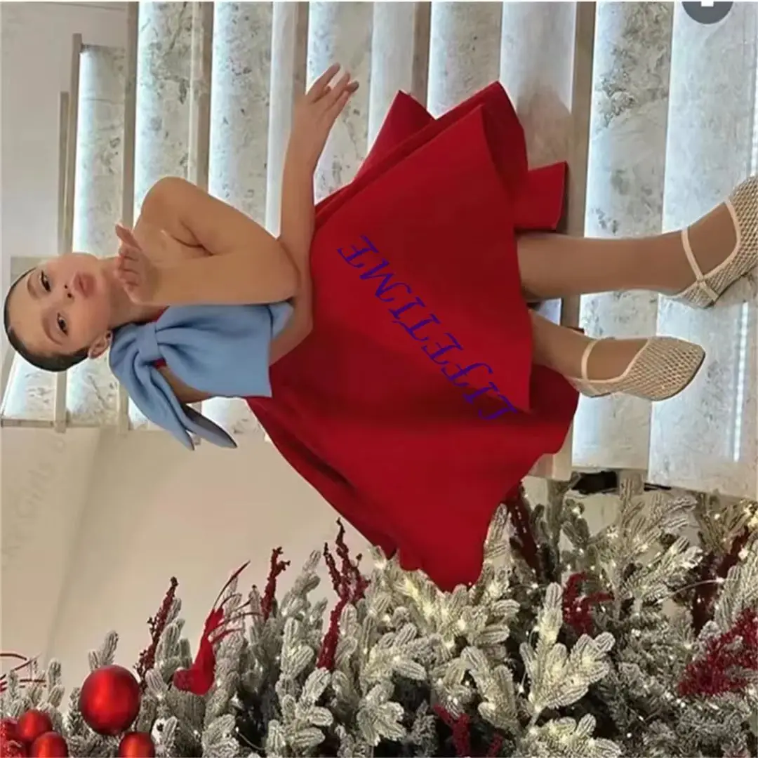

Customized Vintage Red Flower Girl Dresses One Shoulder Knee Length Birthday Gowns with Bows for Little Girls Photoshoot