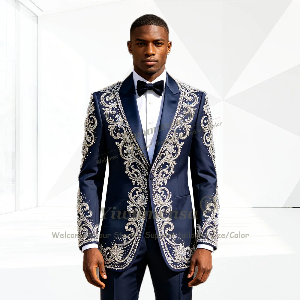 Sparkly Crystals Beading Tuxedo Suits Men Formal Wear Navy Bluy Single Breasted Prom Blazer Pants 2 Pieces Groom Party Clothes