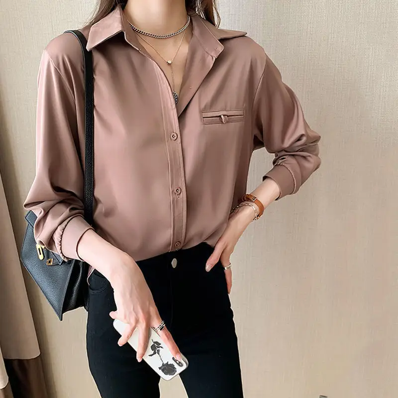 White Shirt for Women Spring Autumn New Large-size Design Top Loose Satin Base Shirt