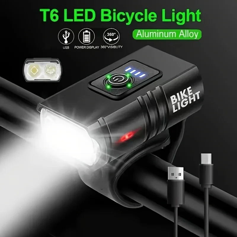 

Bicycle Light Rechargeable Bright Flashlight Night Riding Light Led Cycling Light Aluminum Alloy Shell with Battery Level Display