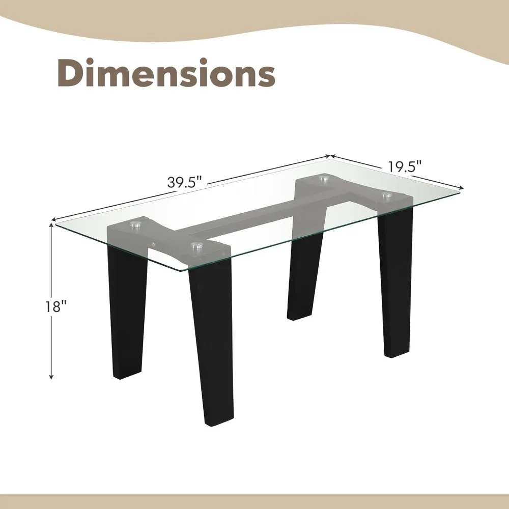 Rectangular Glass Coffee Table, Modern Tempered Glass Top Accent Table with Transparent Tabletop & Rubber Wood Frame
