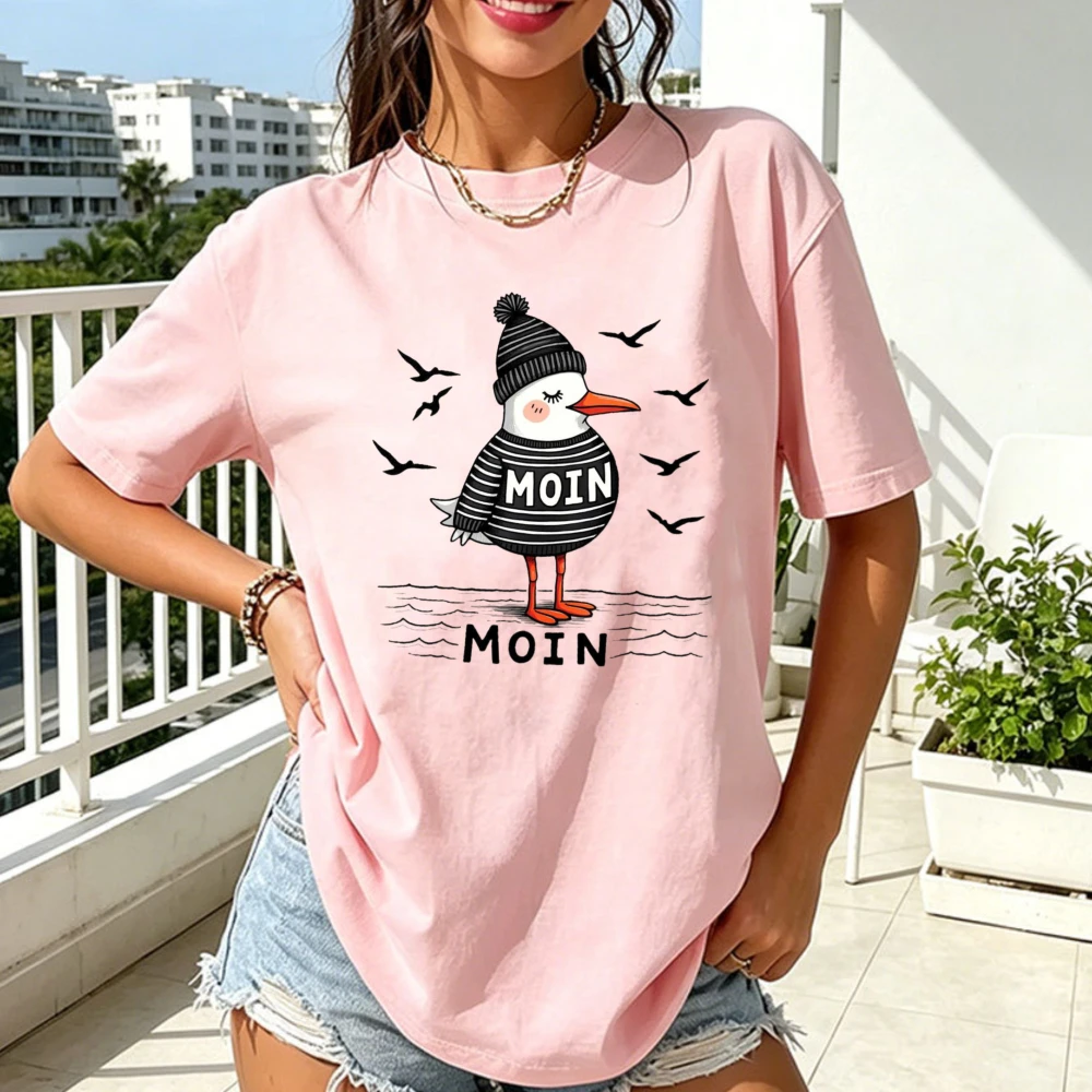 Женская хлопковая футболка Moin с вязаным мультяшным принтом чайки, в скандинавском прибрежном стиле, с милым изображением птицы, с коротким рукавом, для отдыха на североевропейских курортах