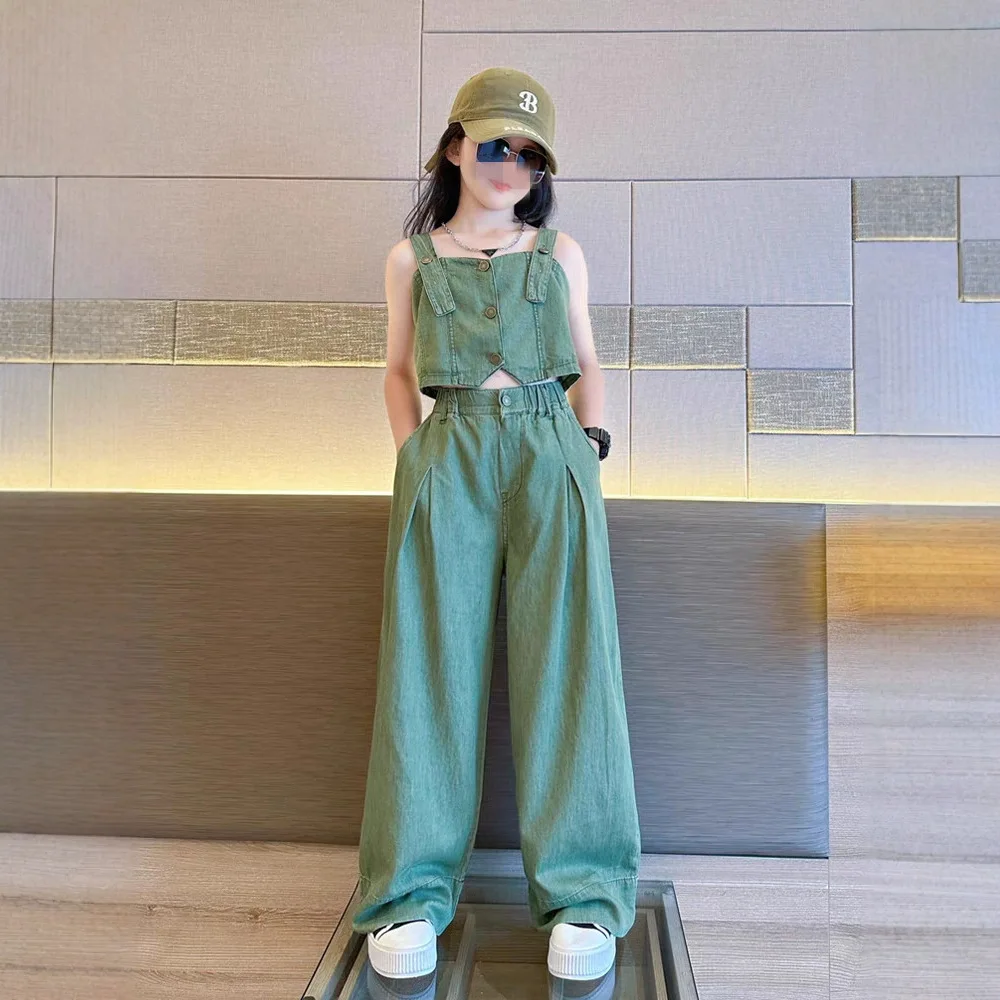 Summer New Women\'s Fashion Cowboy Set with Western style suspender top and straight leg pants two-piece set for girls aged 4-12