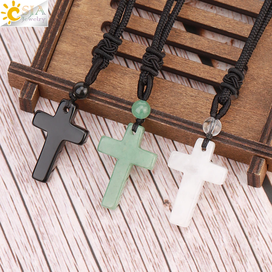 CSJA Natural Stone Cross Pendant Necklace for Man Healing Tiger Eye Amethysts Crystal Necklaces for Women Jewelry Gift H254