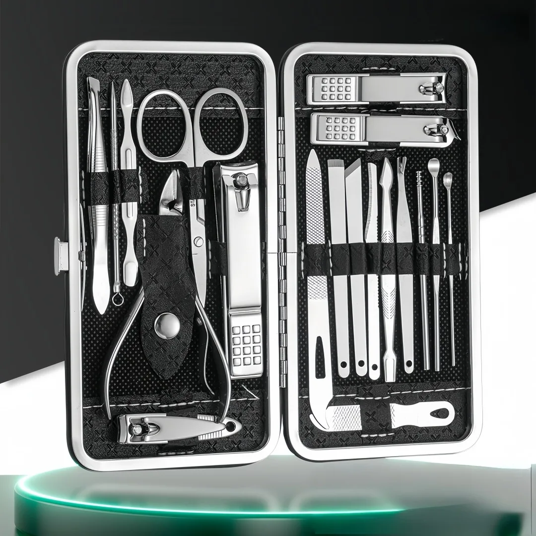 스테인리스 스틸 손톱깎이 19종 세트, 사선 손톱깎이, 페디큐어, 귀이개, 스푼, 네일아트 세트