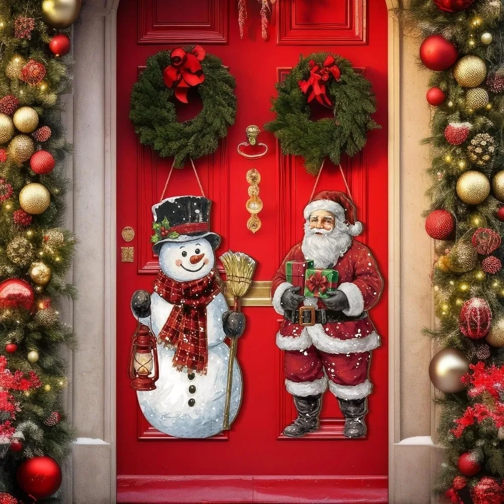 Wooden Door Hanging Sign Snowman Santa Claus Ornament Xmas Decorative Board Wall-mounted Festival Plaque Christmas Decorations