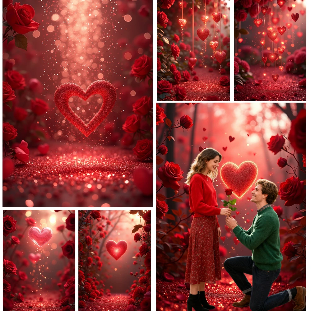 

MOON.QG Glitter Red Rose Valentines Day February 14 Photo Background Bokeh Petal Sparkling Heart Backdrops Photography Photocall