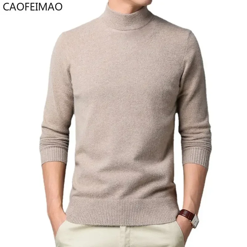 2023caofeimao Sweater Warm Men's Half Turtleneck Solid Color Pullover Fashion Thickening  Middle-aged  Long-sleeved Top Pullover