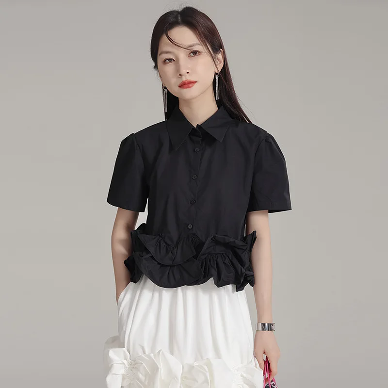 Tannt Women Shirt Edible Tree Fungus Patchwork Short Sleeves Summer Shirt  Blouses Black White Cotton Short Blouses Tops 2024