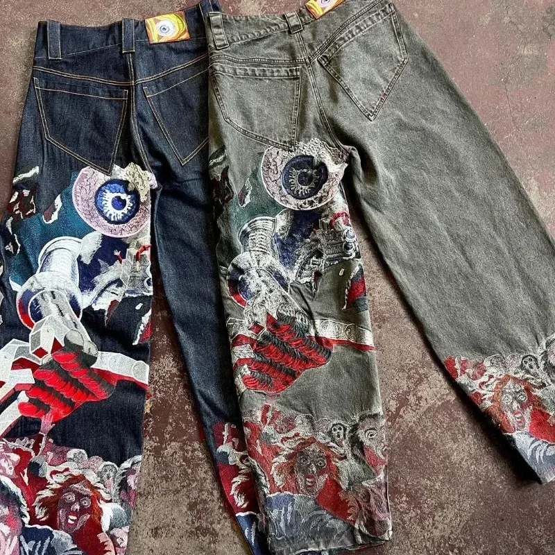 New Y2K Hip Hop Jeans Punk Printed Straight Baggy Denim Trousers Four Seasons High Street Men Women Fashion Loose Wide-leg Pants