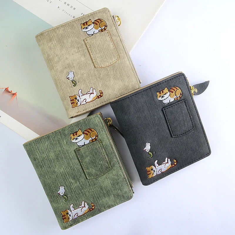 Jeans Style Wallet Neko Atsume Cat Embroidered Canvas Large Capacity Short Zipper Wallets Women Purse wallet men cute wallet