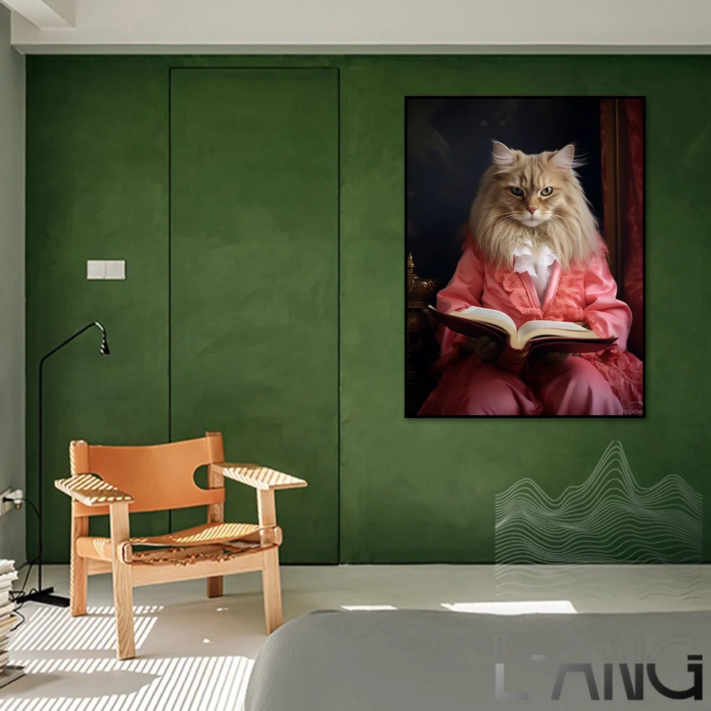 Gentleman cat reading newspaper French red animal abstract print canvas painting Interior home wall decoration painting original