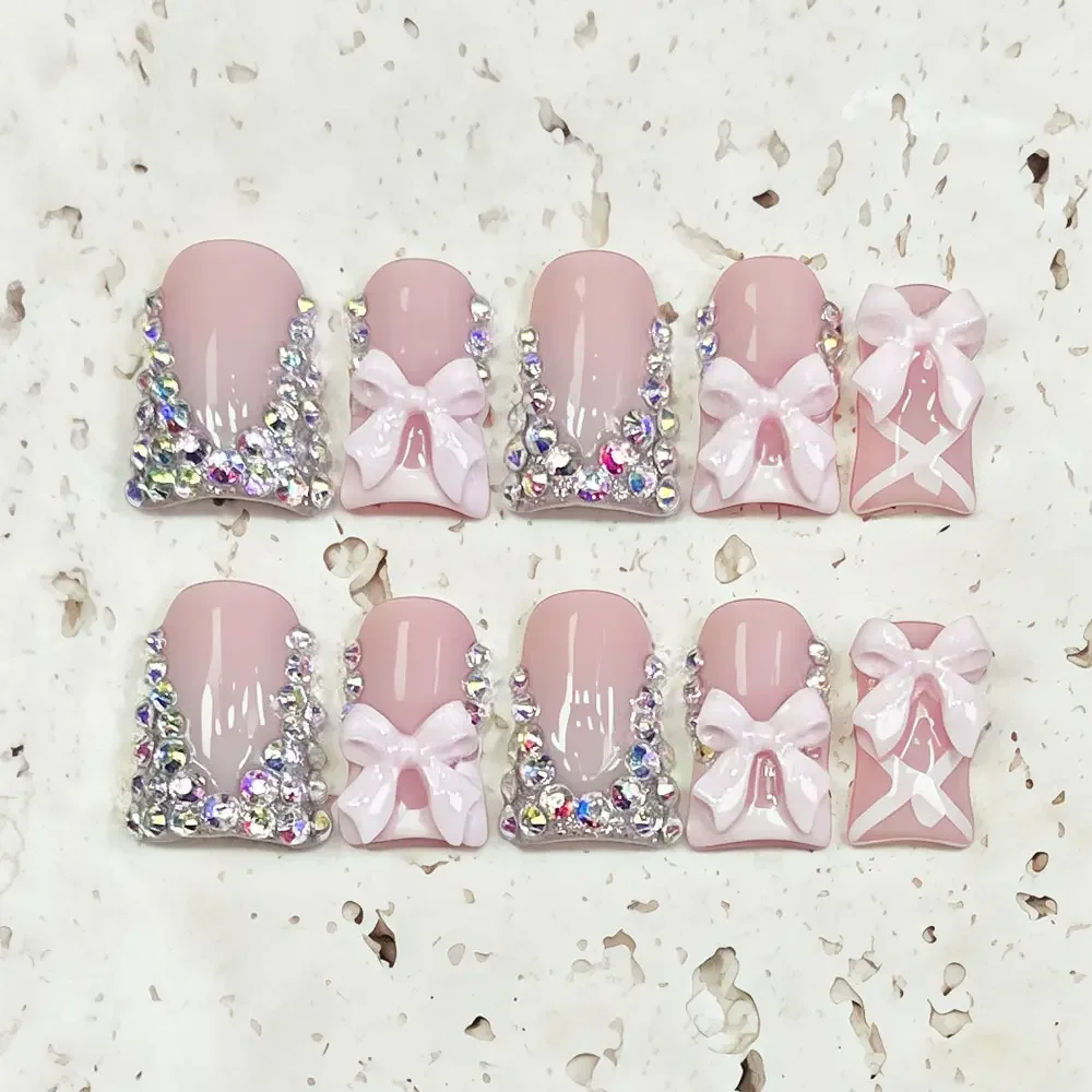 10pcs high-end Sweet girl style, hand-painted three-dimensional pink bow, dazzling cluster of diamonds handmade fake nails