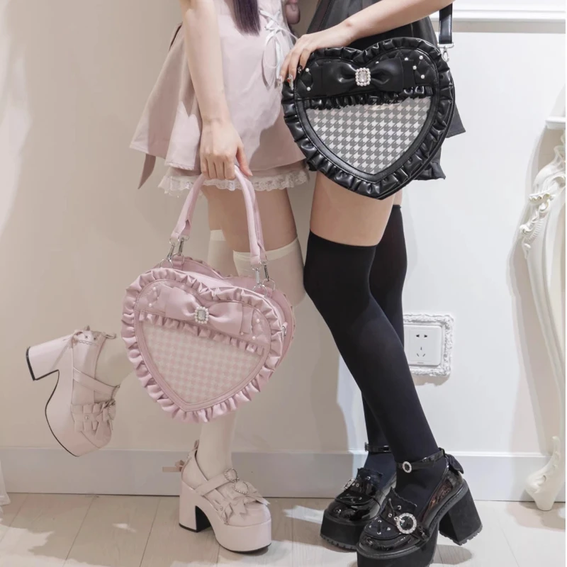 Japanese Original Mine Series Mass-produced Lolita Bow Frilly Rhinestone Love Bag Soft Sister Subculture Y2k Handbag for Women