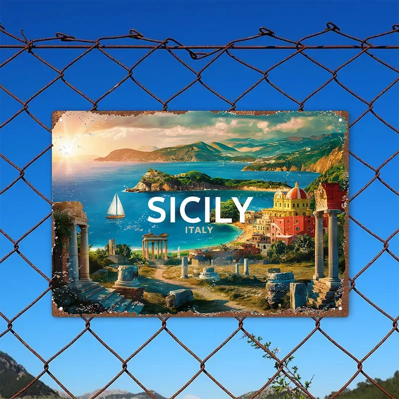 2028 Vintage-Style Sicily Italy Iron Wall Art Sign – Ancient Ruins & Coastal Views, Scenic Landscape Decor for Home, Office, or